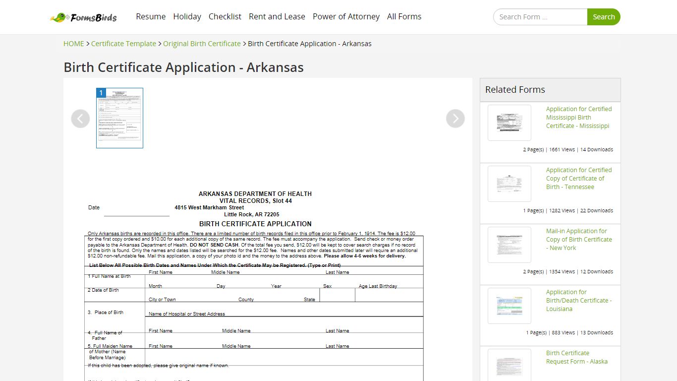 Birth Certificate Application - Arkansas Free Download